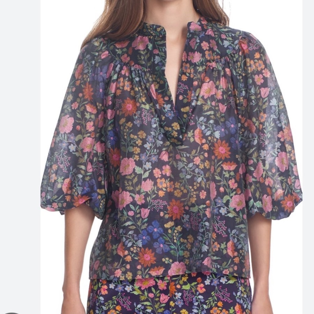 Corey Lynn Calter Corinne Floral Puff Sleeve Blouse Black Pink Blue Medium